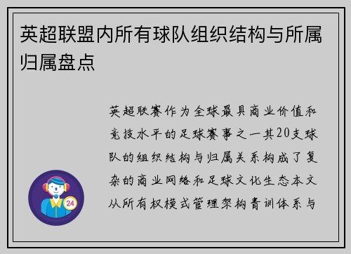 英超联盟内所有球队组织结构与所属归属盘点