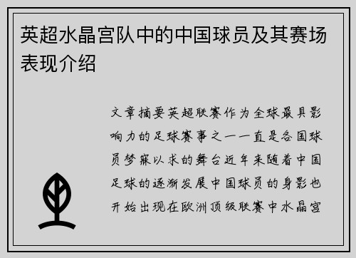 英超水晶宫队中的中国球员及其赛场表现介绍