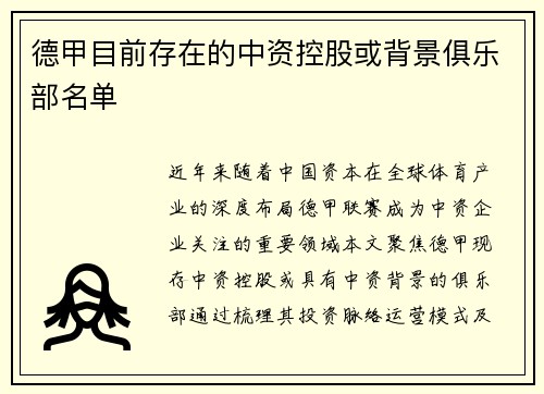 德甲目前存在的中资控股或背景俱乐部名单